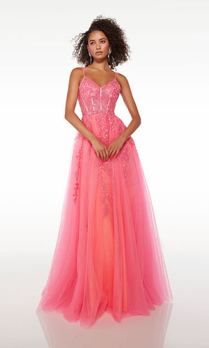 Stunning pink corset prom dress with an V-neckline, delicate floral lace appliques, lace-up back, and an flowy tulle skirt for an enchanting and elegant look.