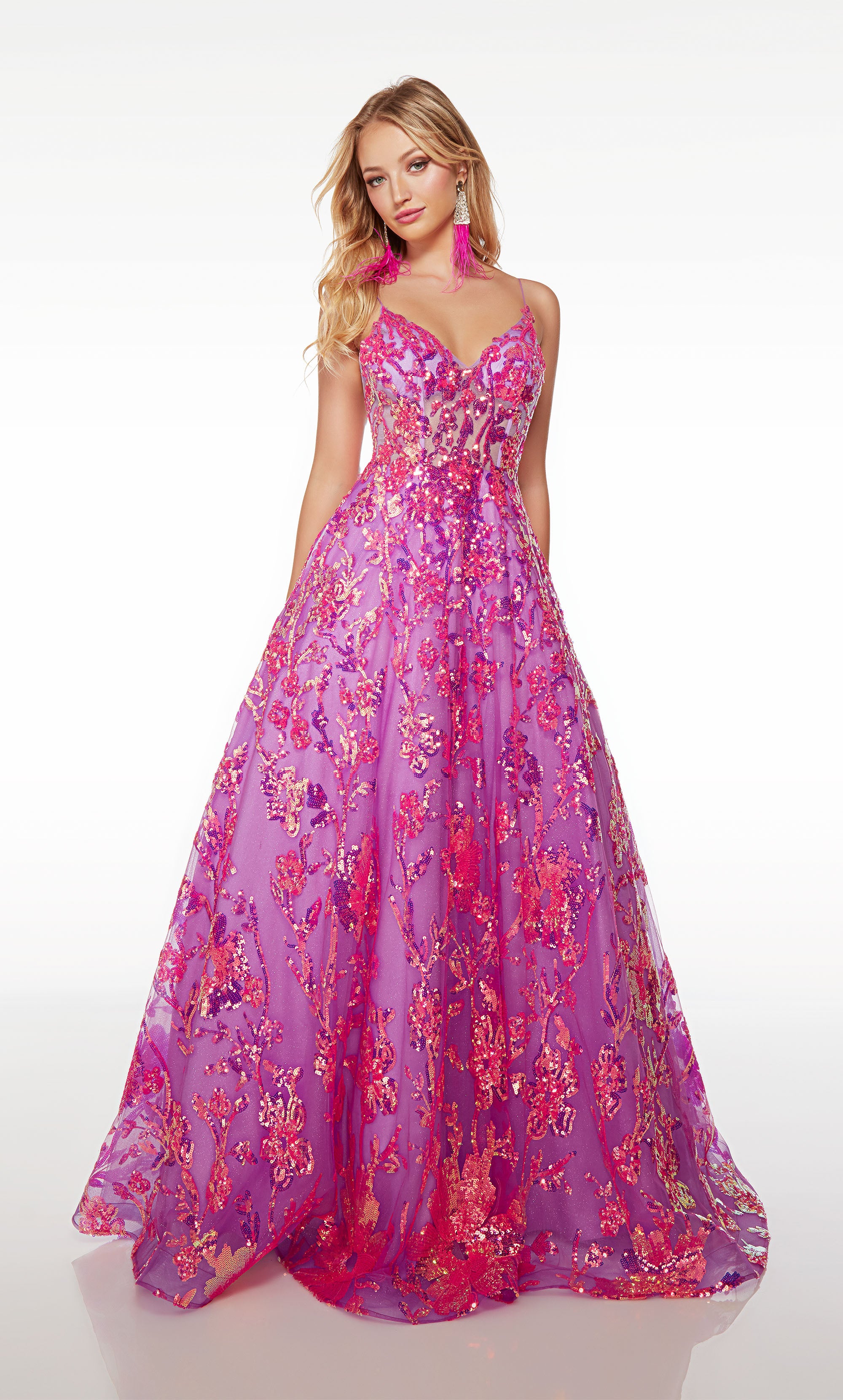 Purple-pink ball gown with an V-neckline, lace-up back, and adorned with beautiful iridescent sequin flowers, creating an enchanting and glamorous look.