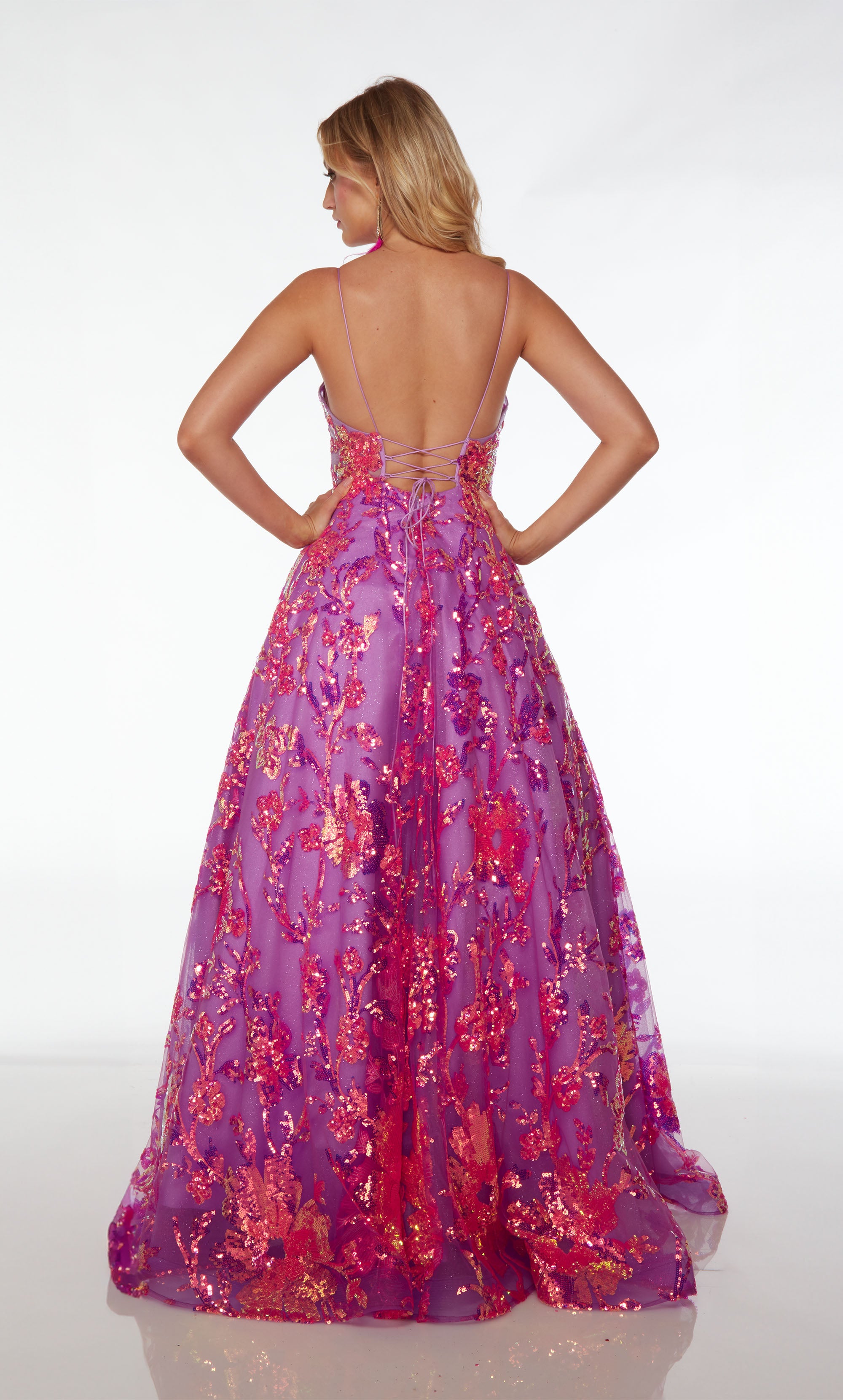Purple-pink ball gown with an V-neckline, lace-up back, and adorned with beautiful iridescent sequin flowers, creating an enchanting and glamorous look.