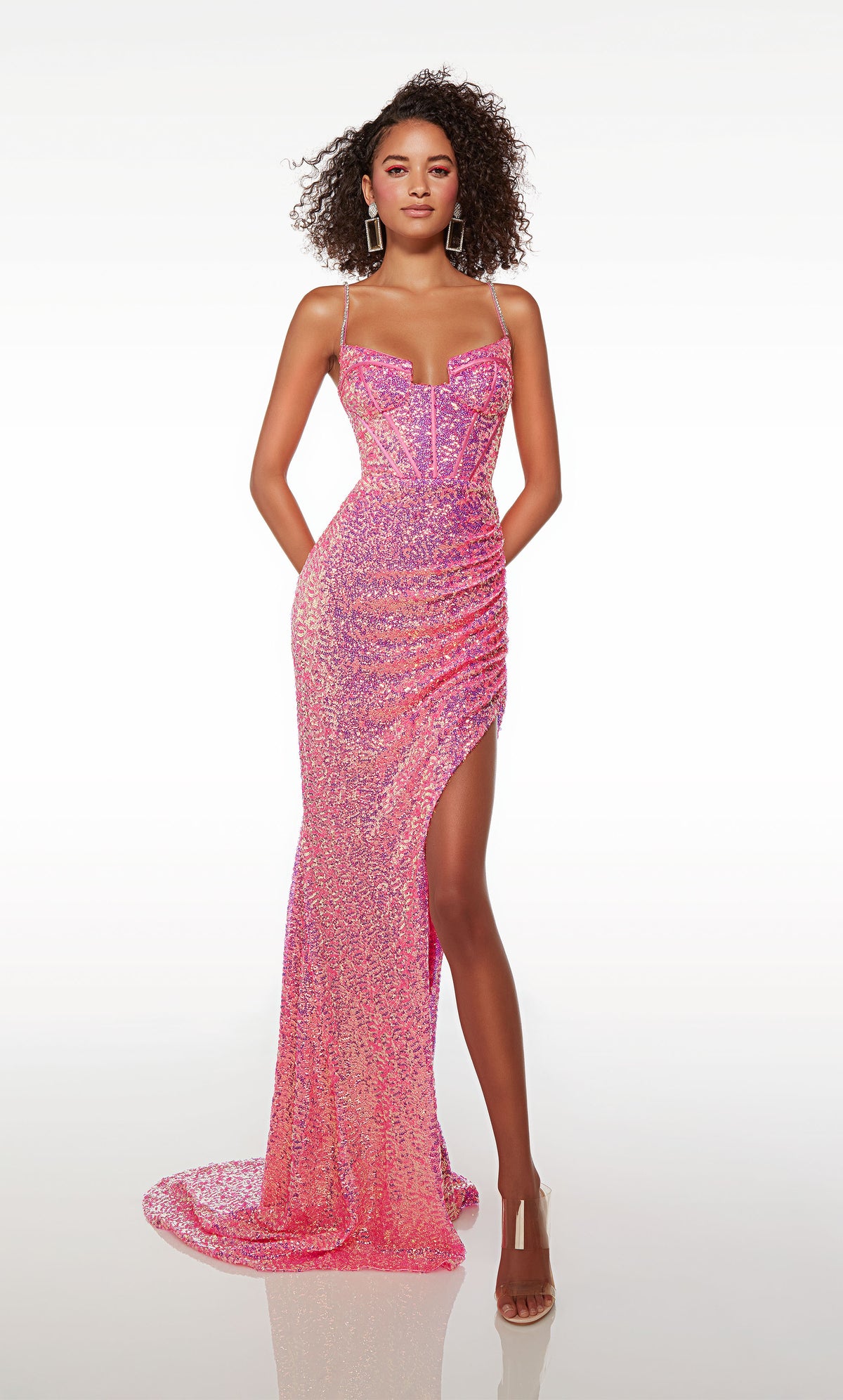 Chic pink sequin dress: sweetheart neckline, corset bodice, jewel-embellished straps, side slit, and an stylish train for an glamorous flair.