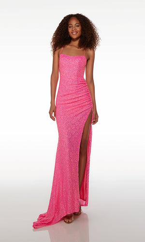 Square-neck pink prom dress with ruching detail, side slit, strappy open back, and an stylish train in pink sequins.