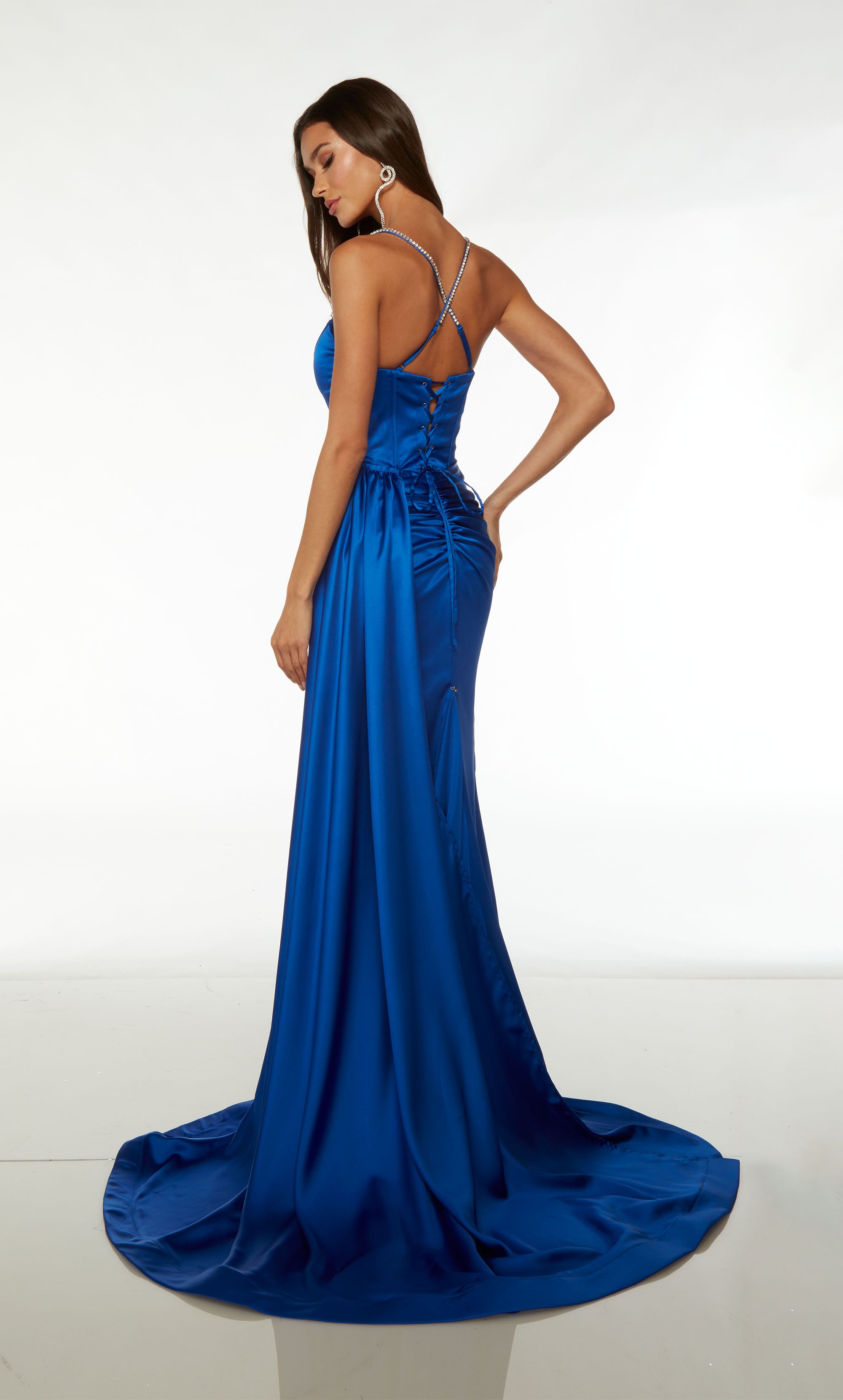 Blue satin corset prom dress with square neckline, gathered waist, high slit, jeweled straps, lace-up back, and detachable side train for added flair.