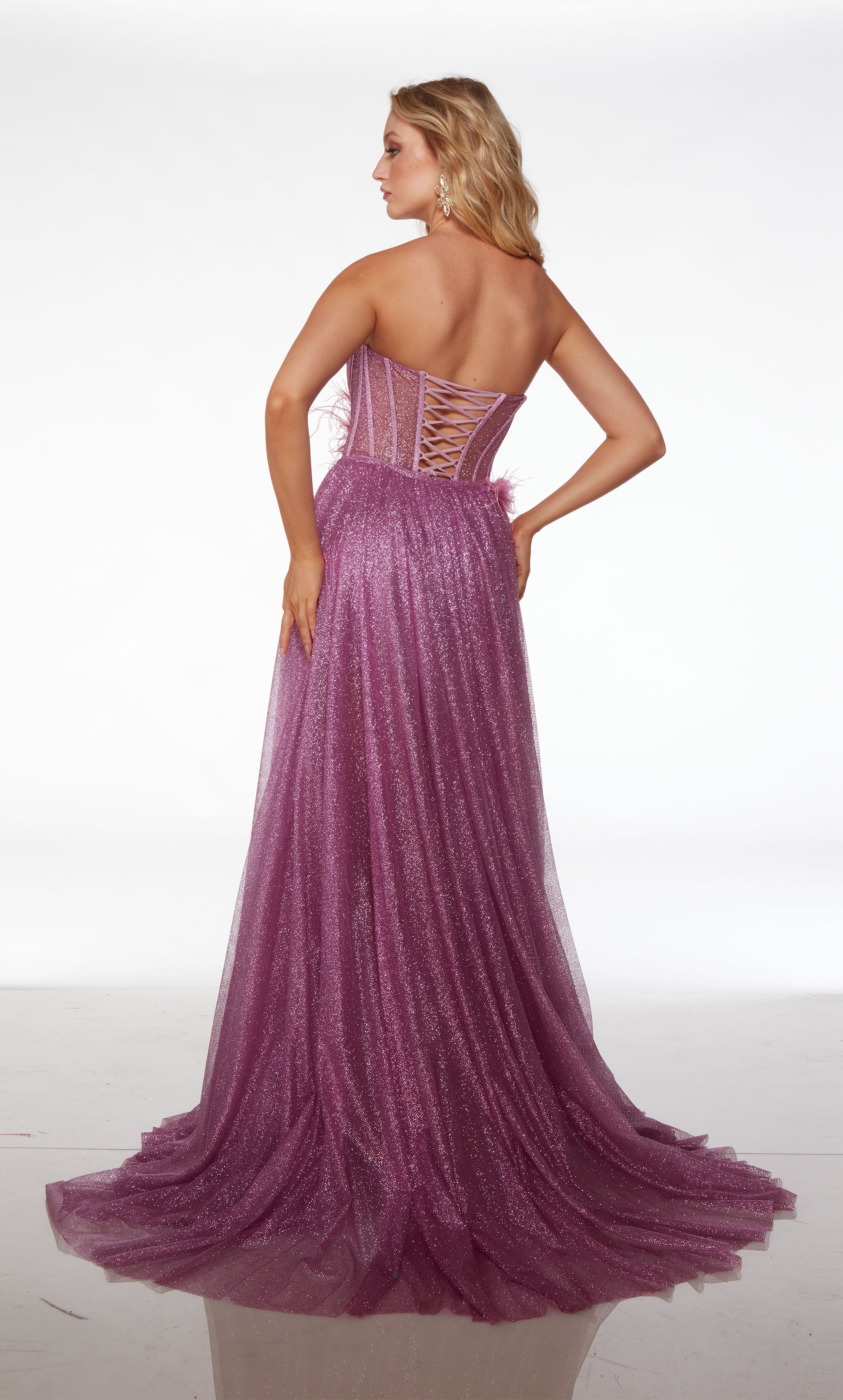 Purple glitter tulle prom dress: strapless corset, lace-up back, short hemline, long detachable skirt with 3D flower accents at the waist.
