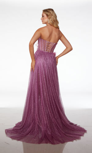 Purple prom dress: strapless corset, lace-up back, short hemline, long detachable skirt with 3D flower accents at the waist.