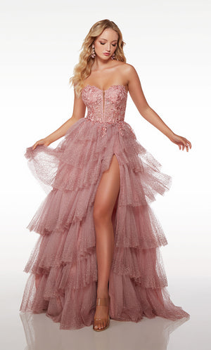Chic pink prom dress: strapless sweetheart neckline, high slit, zip-up back, slight train, and an glitter tulle ruffled skirt for an stunning look.
