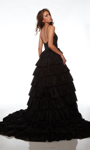 Gorgeous black glitter tulle ball gown featuring an modified sweetheart neckline, corset bodice, and an ruffled skirt with an long, elegant train.