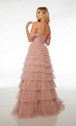 Pink off-shoulder glitter tulle ball gown: sheer floral lace corset, detachable straps, sequined lace ruffled skirt for an charming and stylish look.