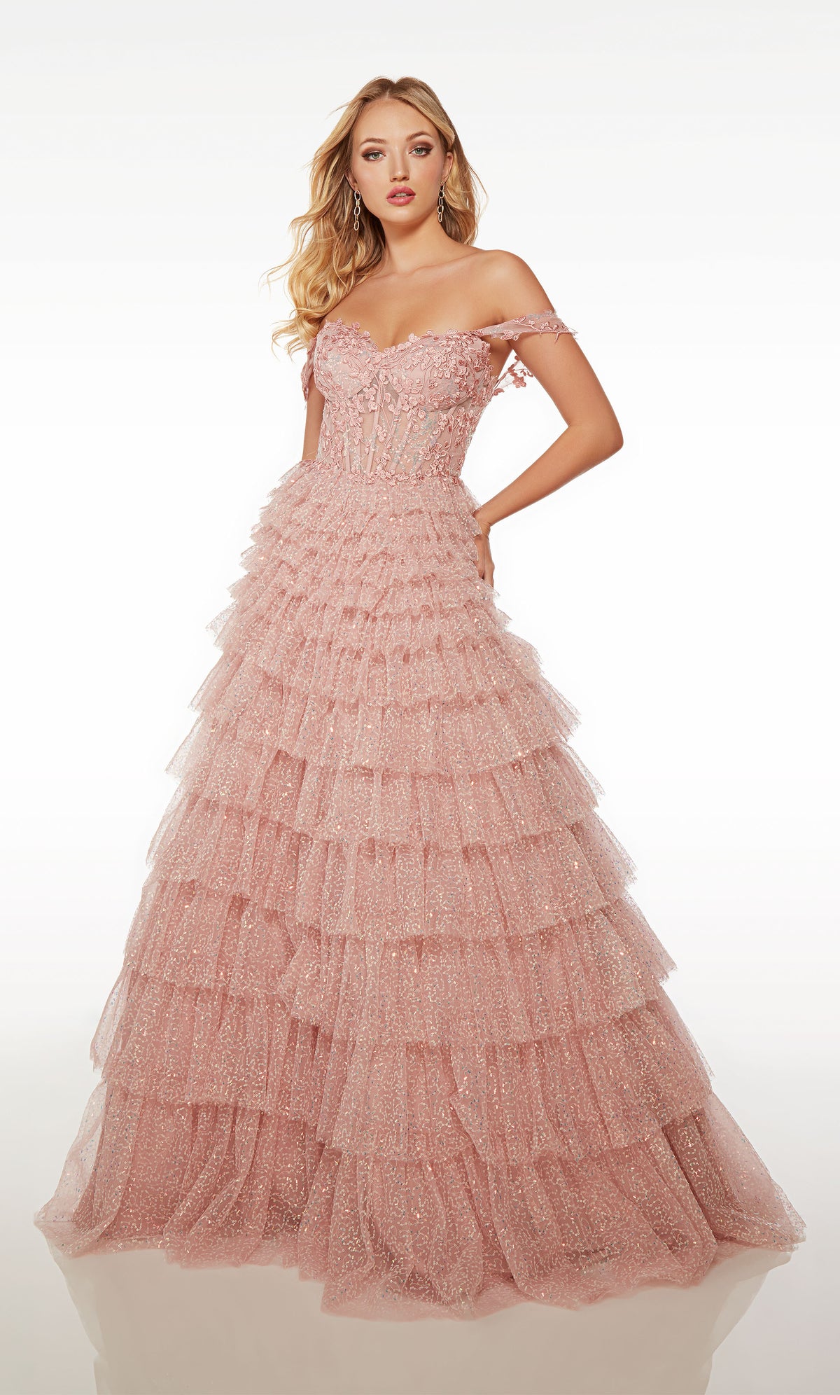 Pink off-shoulder glitter tulle ball gown: sheer floral lace corset, detachable straps, sequined lace ruffled skirt for an charming and stylish look.