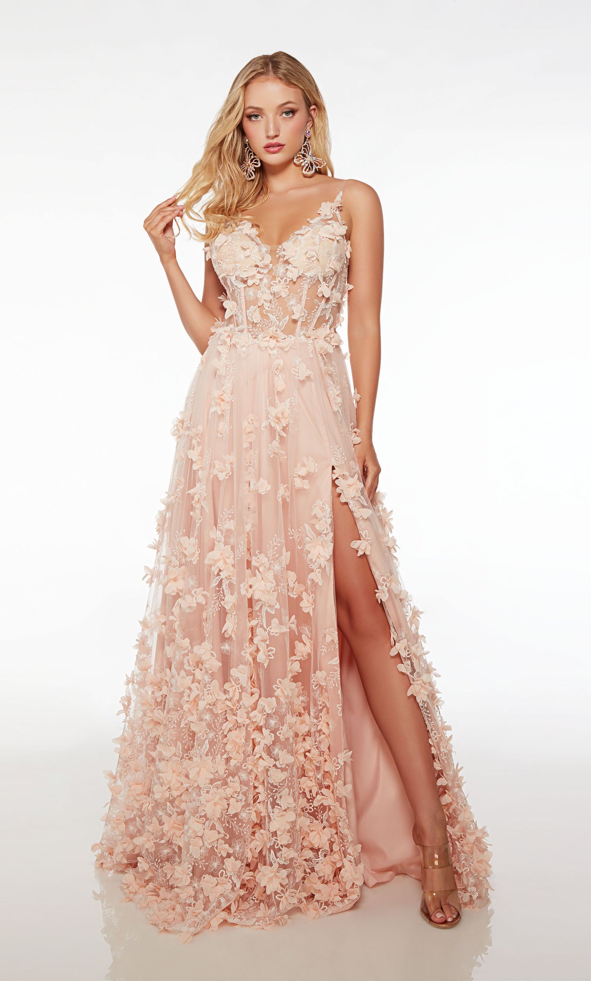 Soft pink 3D floral prom dress: V-neck, spaghetti straps, sheer corset, side slit, V back, and slight train for an charming and stylish look.