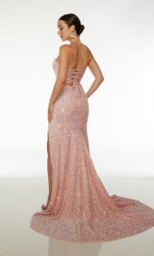Pink iridescent sequin prom dress: strapless sweetheart neckline, high slit, detachable side train, long train, and lace-up back for an stunning and versatile look.