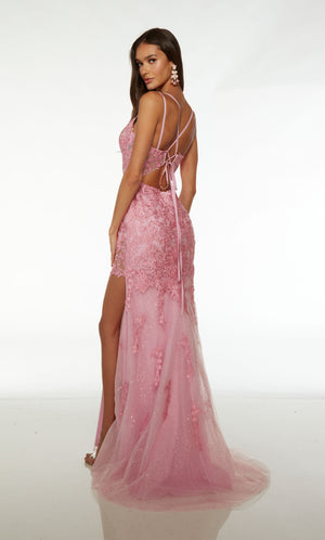 Gorgeous pink prom dress with an square-plunging neckline, side slit, double straps, lace-up back, and glitter tulle lace fabric for an stunning and elegant look.