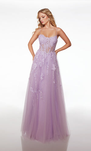 Purple prom dress featuring an sheer floral lace bodice and an crisscross lace-up back for an timeless and elegant aesthetic.