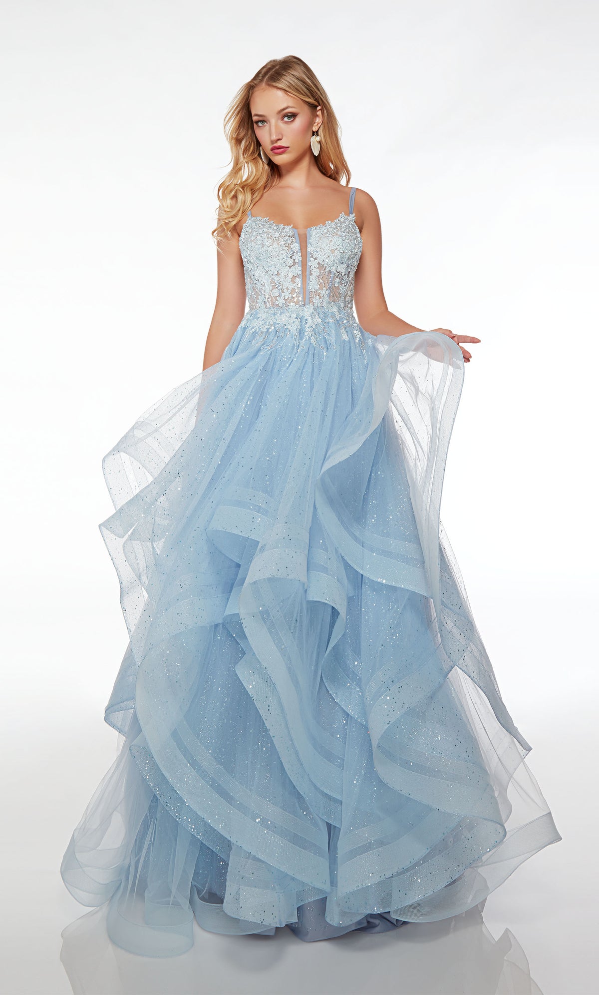 Blue prom dress with an sheer floral lace corset bodice, lace up back, and ruffled skirt in sequined lace-glitter tulle fabric.