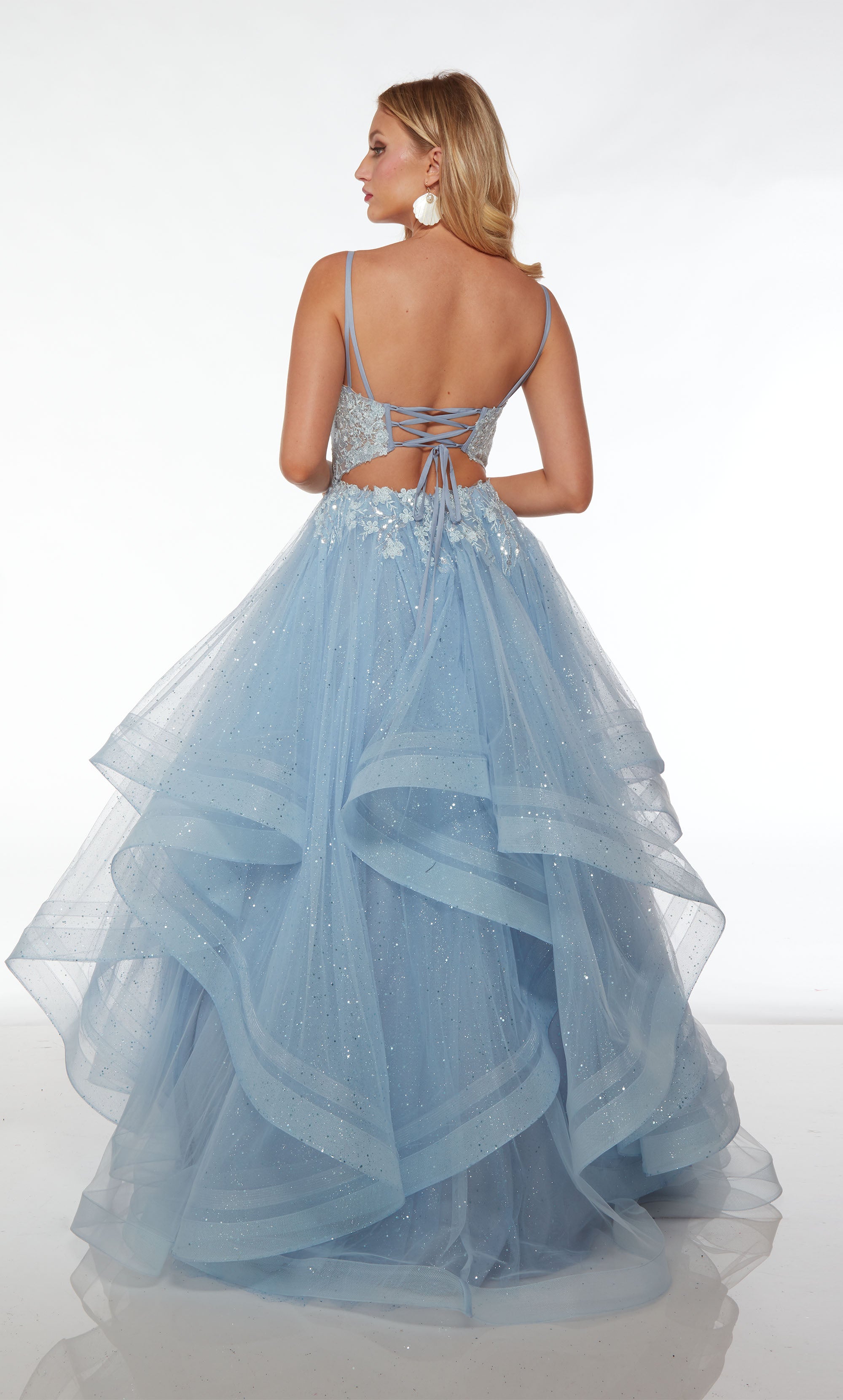 Blue prom dress with an sheer floral lace corset bodice, lace up back, and ruffled skirt in sequined lace-glitter tulle fabric.