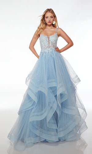 Blue prom dress: sheer floral lace corset, lace-up back, ruffled skirt in sequined lace-glitter tulle fabric, creating an captivating and glamorous look.