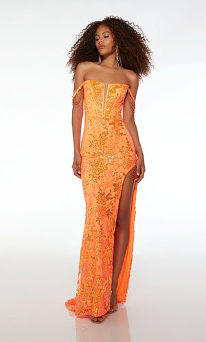Orange off-shoulder prom dress: corset top, detachable straps, side slit, beaded fringe accents, zip-up back, and an stylish train.