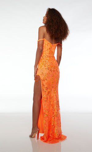 Orange off-shoulder prom dress: corset top, detachable straps, side slit, beaded fringe accents, zip-up back, and an stylish train.