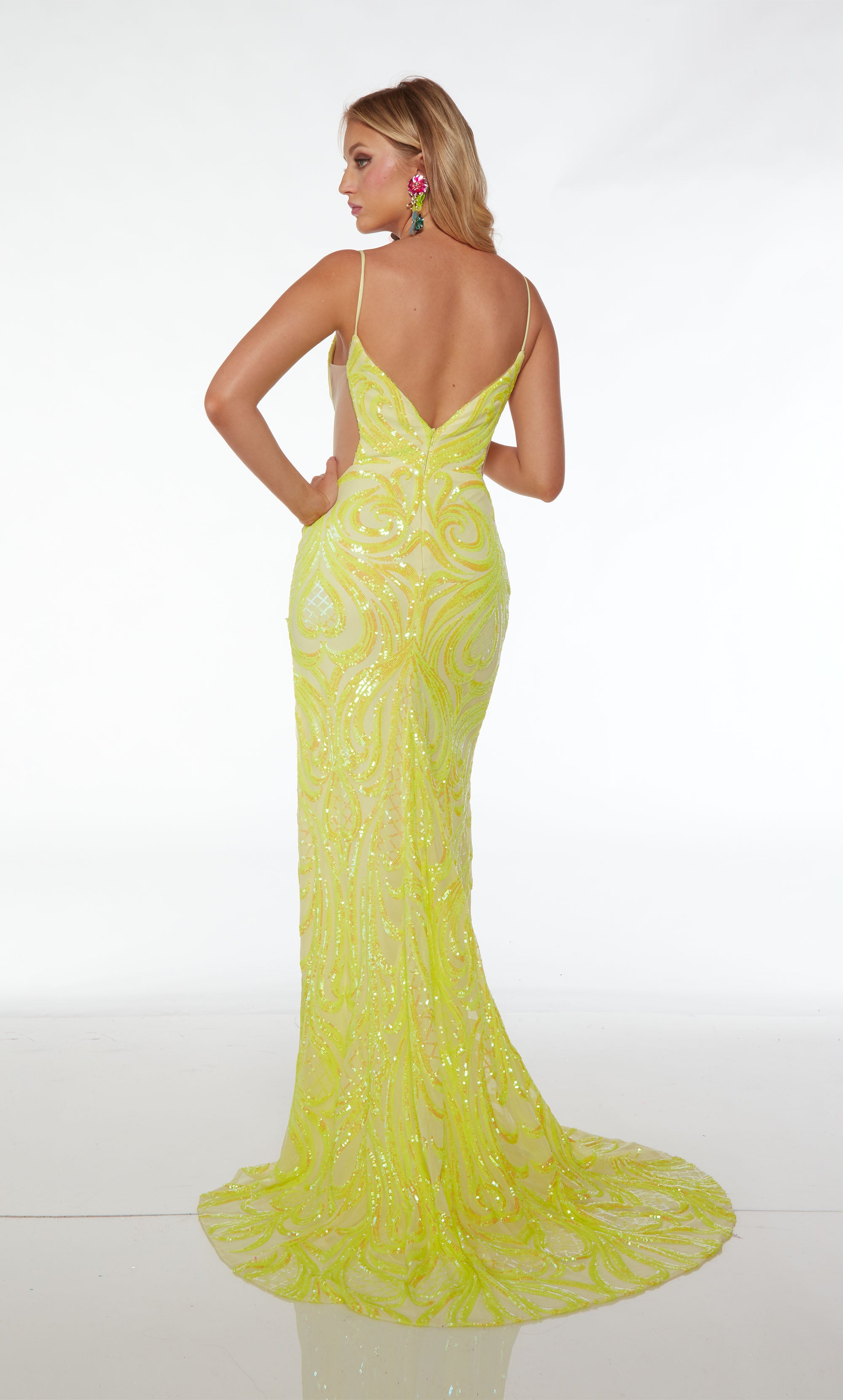 Unique yellow sequin prom dress: illusion plunging neckline, side cutouts, high slit, V-shaped back, and an beautiful design, exuding style.
