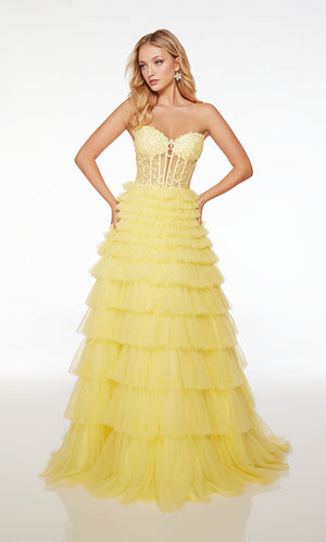 Dreamy yellow prom dress with an sheer lace strapless corset top and an tiered tulle skirt for an romantic and enchanting look.