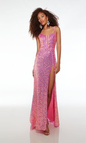 Barbie pink prom dress: form-fitting, plunging neckline, high slit, spaghetti straps, strappy open back, and an slight train in iridescent sequins.