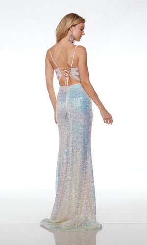 Light pink prom dress: form-fitting, plunging neckline, high slit, spaghetti straps, strappy open back, and an slight train in iridescent sequins.