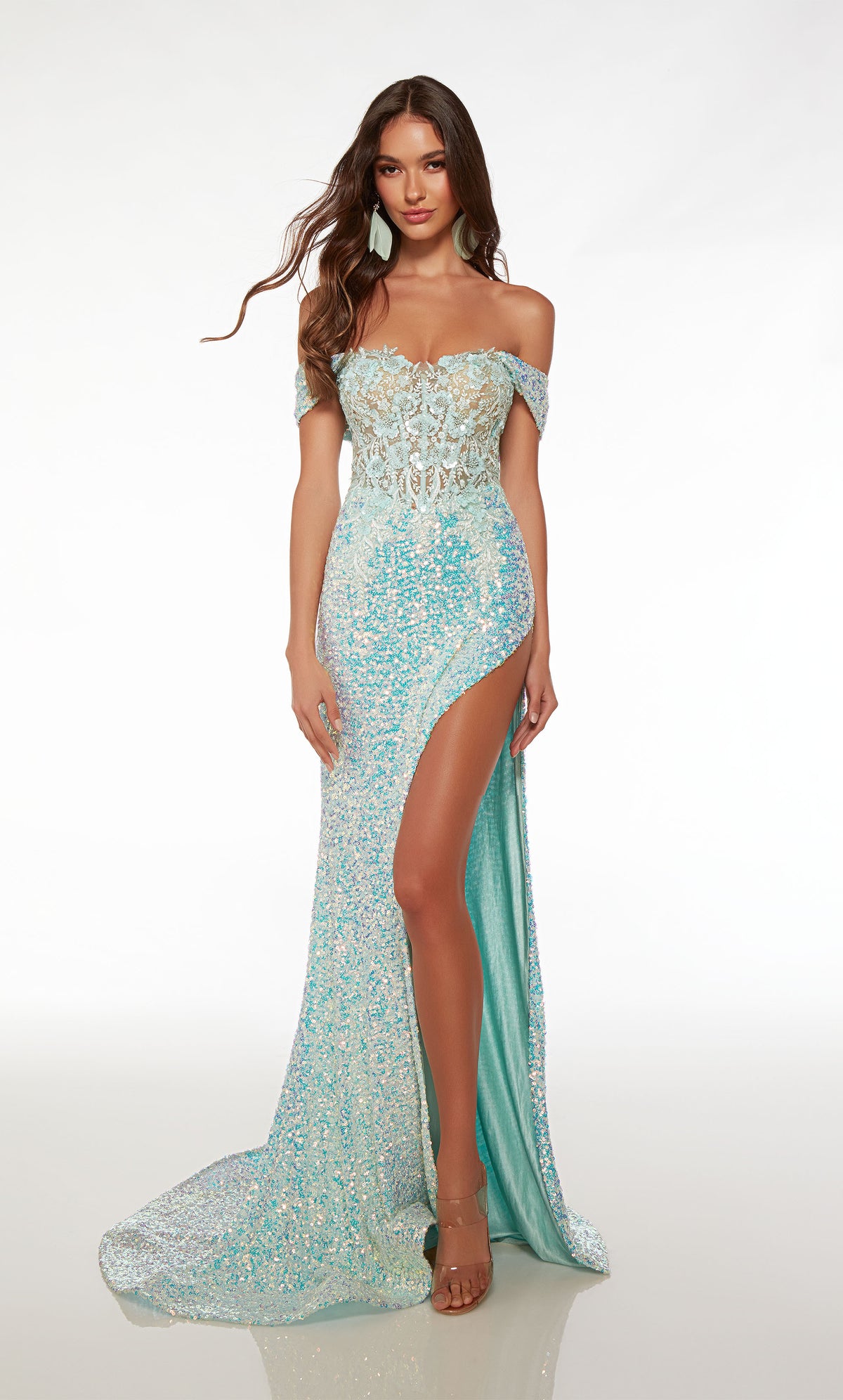 Mint green-opal sequin off-the-shoulder corset dress with an sheer lace top, high side slit, lace-up back, and an long train for an captivating and elegant look.