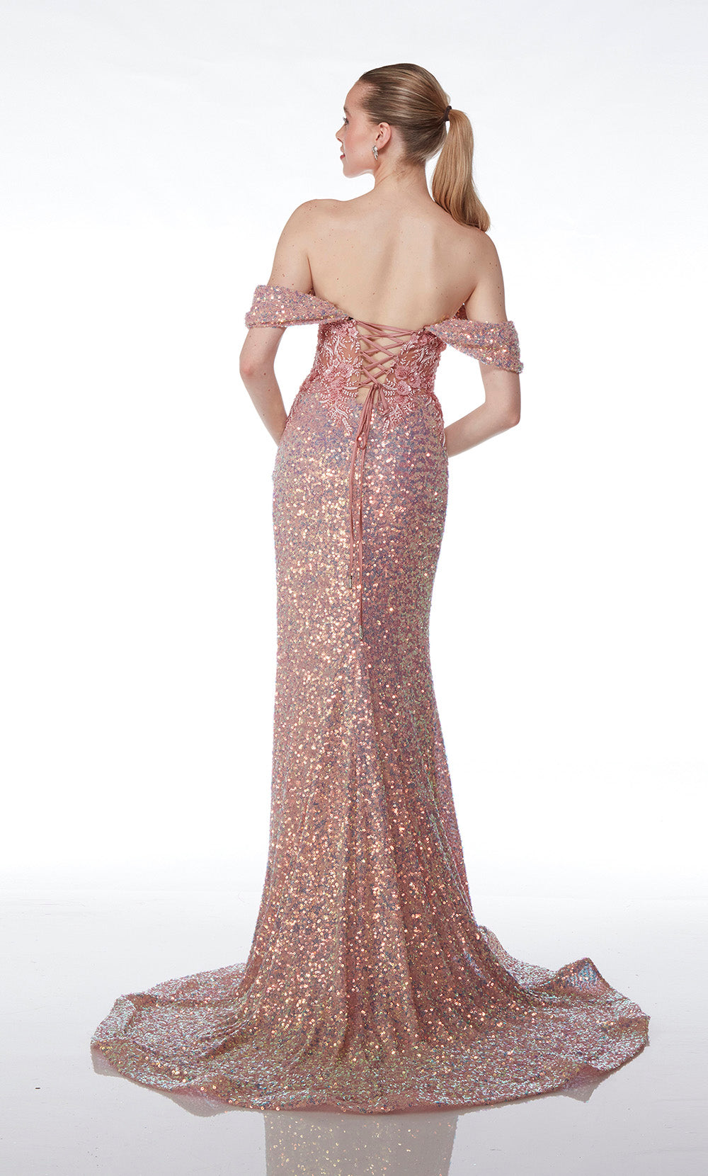 Pink-opal sequin off-the-shoulder corset dress with an sheer lace top, high side slit, lace-up back, and an long train for an captivating and elegant look.