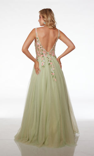 Green prom dress featuring an deep V neckline, an deep V back, hand-beaded bodice, and A-line glitter tulle skirt for an stunning and stylish ensemble.