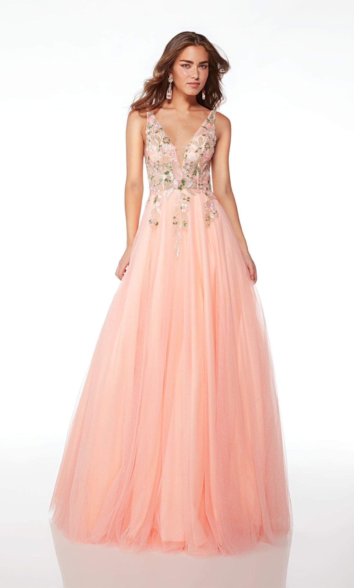 Coral pink prom dress featuring an deep V neckline, an deep V back, hand-beaded bodice, and A-line glitter tulle skirt for an stunning and stylish ensemble.