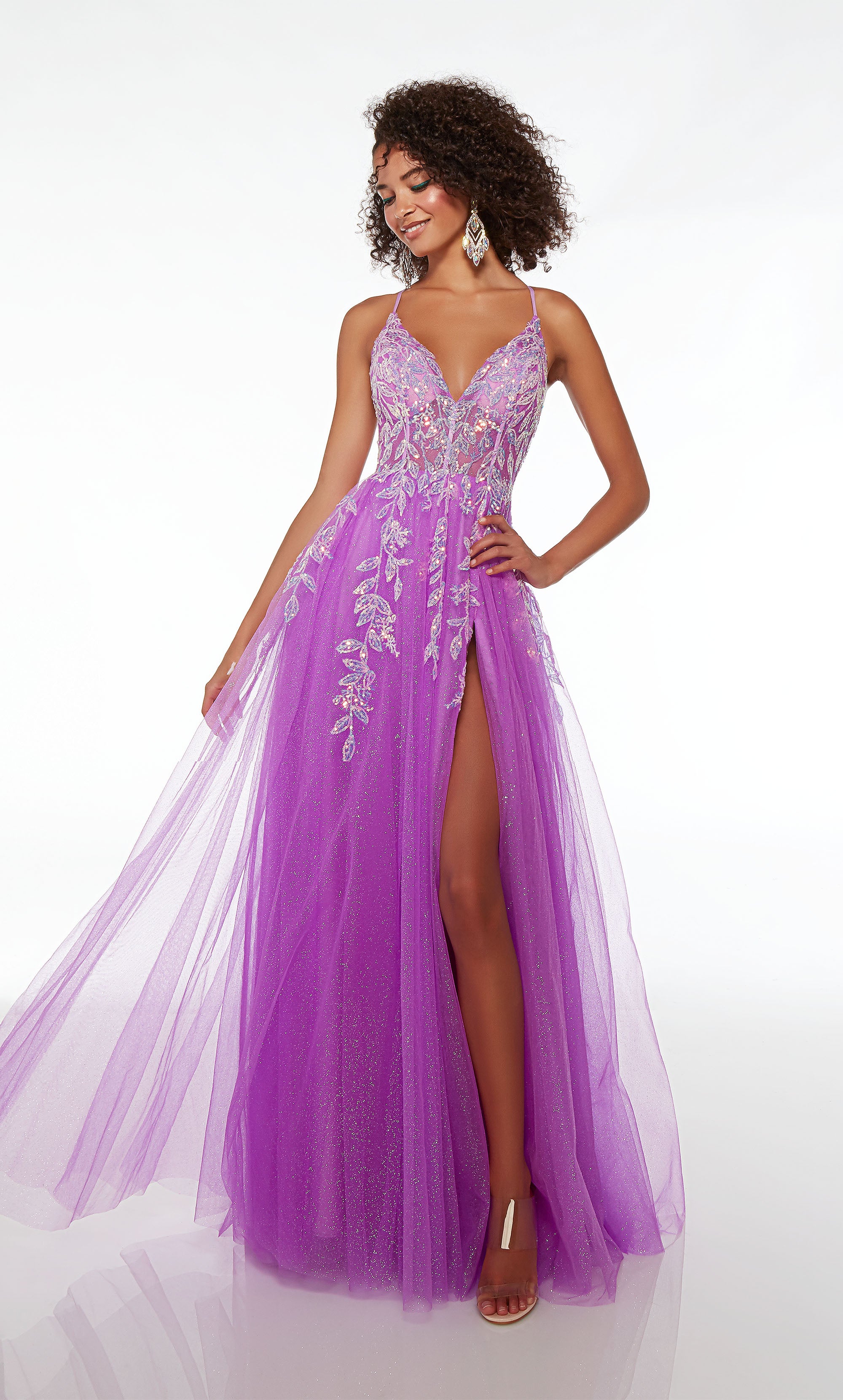 Purple prom dress: V neckline, sheer top with floral lace, high side slit, crisscross open back, in stunning glitter tulle fabric.