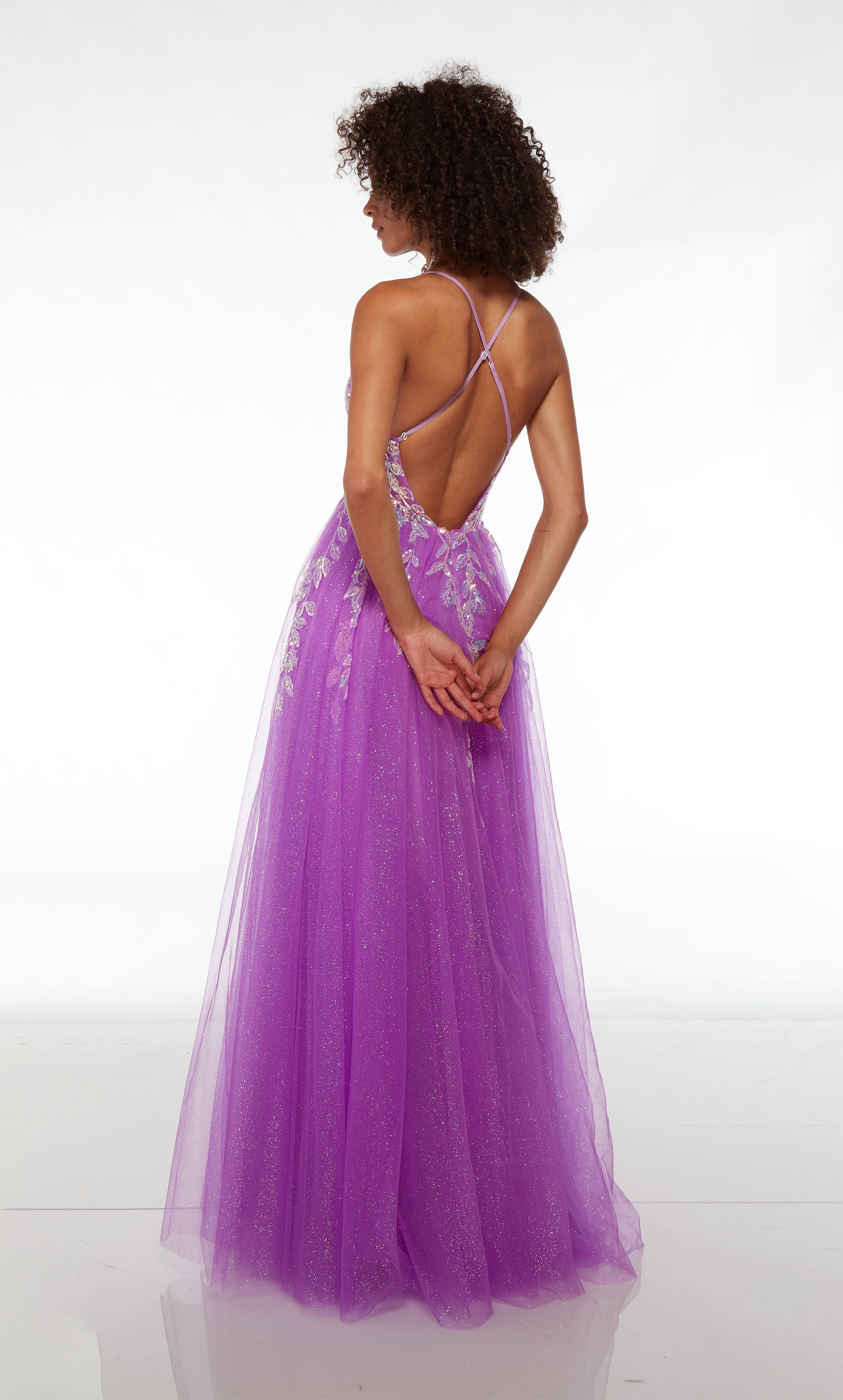 Purple prom dress: V neckline, sheer top with floral lace, high side slit, crisscross open back, in stunning glitter tulle fabric.
