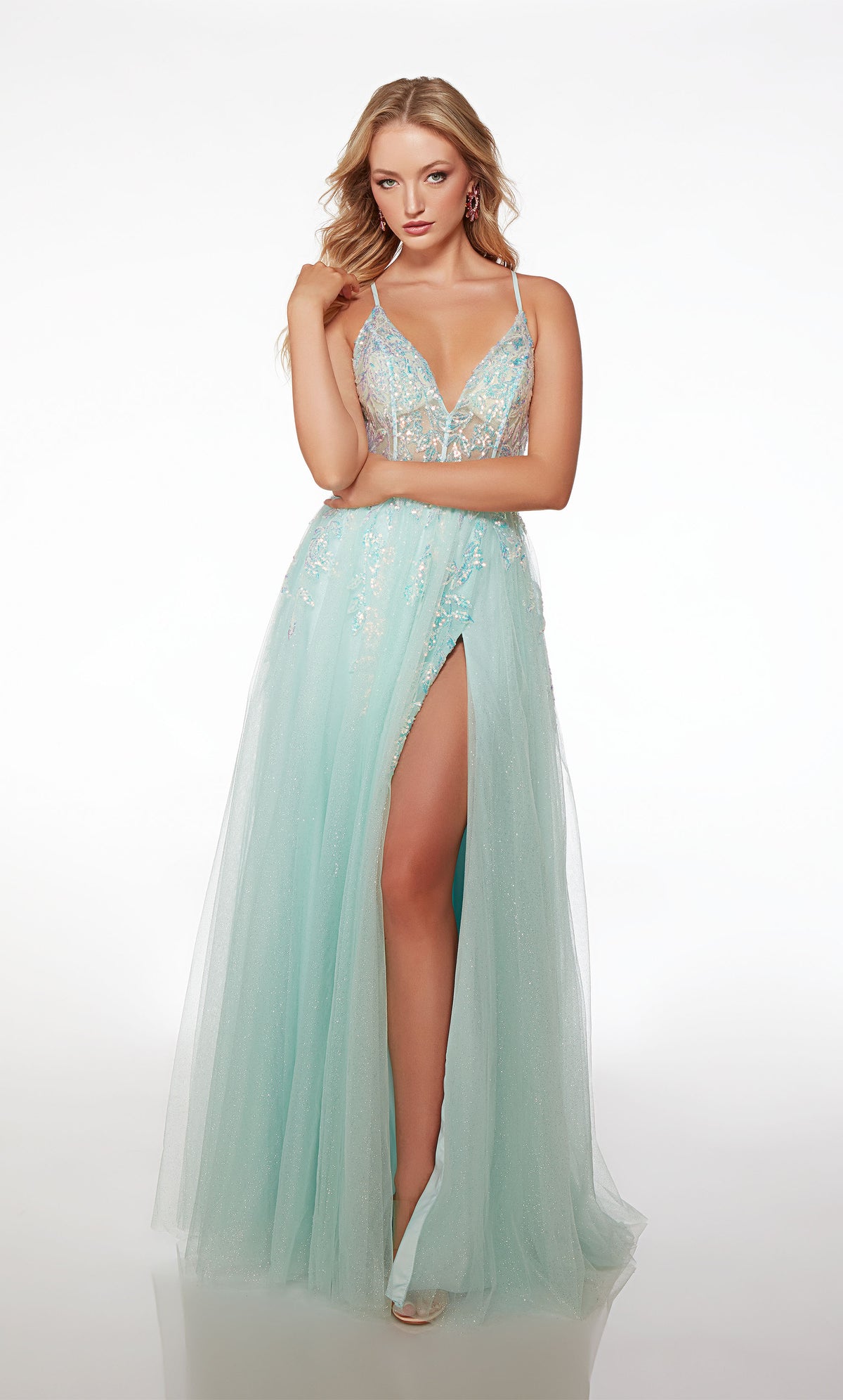 Blue prom dress: V neckline, sheer top with floral lace, high side slit, crisscross open back, in stunning glitter tulle fabric.