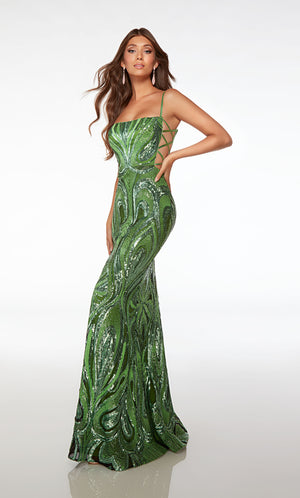 Green prom dress with an square neckline, side cutouts crisscrossing, zip-up back, and an unique sequin design for an refreshing and stylish look.