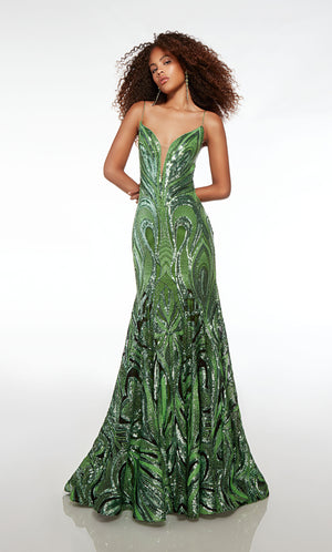 Green prom dress with an square neckline, side cutouts crisscrossing, zip-up back, and an unique sequin design for an refreshing and stylish look.