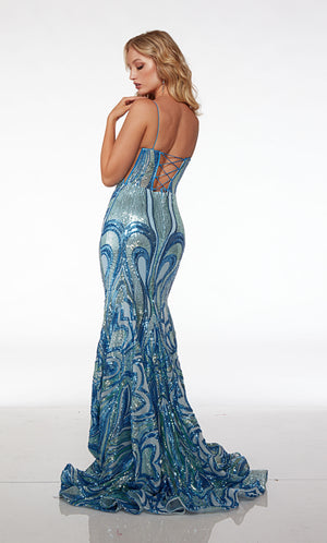 Blue prom dress with an square neckline, side cutouts crisscrossing, zip-up back, and an unique sequin design for an refreshing and stylish look.