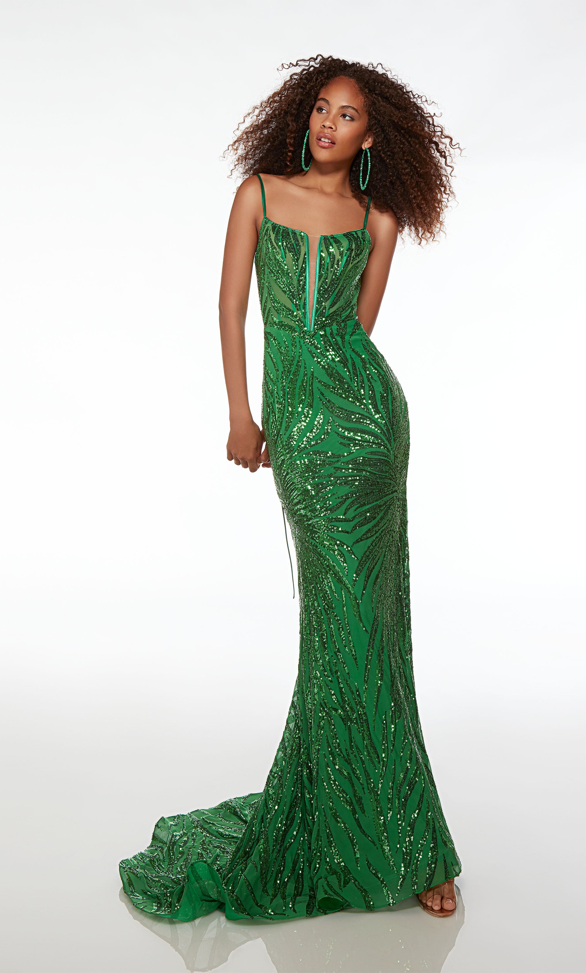 Green prom dress with an plunging neckline, spaghetti straps, lace-up back, train, and an unique sequin design throughout for an refreshing and stylish look.