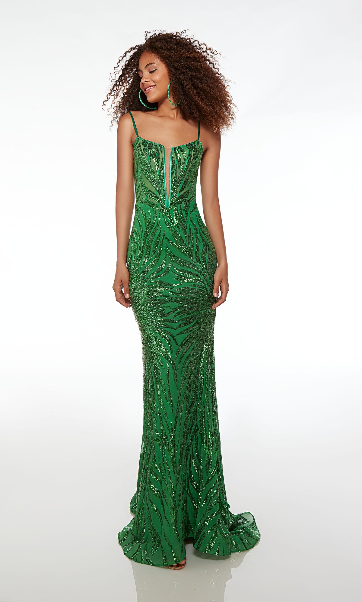 Green mermaid dress with an plunging neckline, spaghetti straps, lace-up back, train, and an unique sequin design throughout for an refreshing and stylish look.