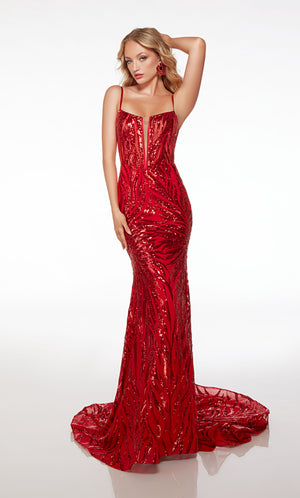 Red prom dress with an plunging neckline, spaghetti straps, lace-up back, train, and an unique sequin design throughout for an refreshing and stylish look.