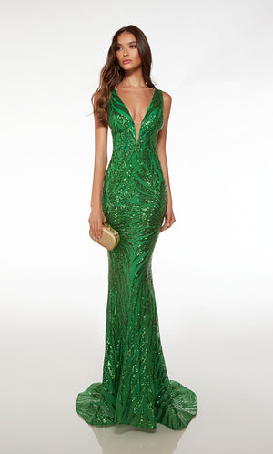 Fit-and-flare green prom dress with an low V neckline, V-shaped back, slight train, and an unique sequin design throughout for an stylish and sophisticated look.
