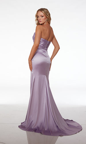 Purple satin off-shoulder prom dress: cowl neckline, gathered bodice, slit, detachable straps, side train—an chic and versatile ensemble.