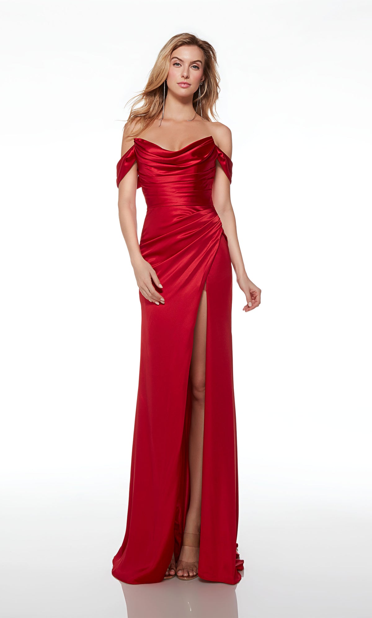 Red satin off-shoulder prom dress: cowl neckline, gathered bodice, slit, detachable straps, side train—an chic and versatile ensemble.