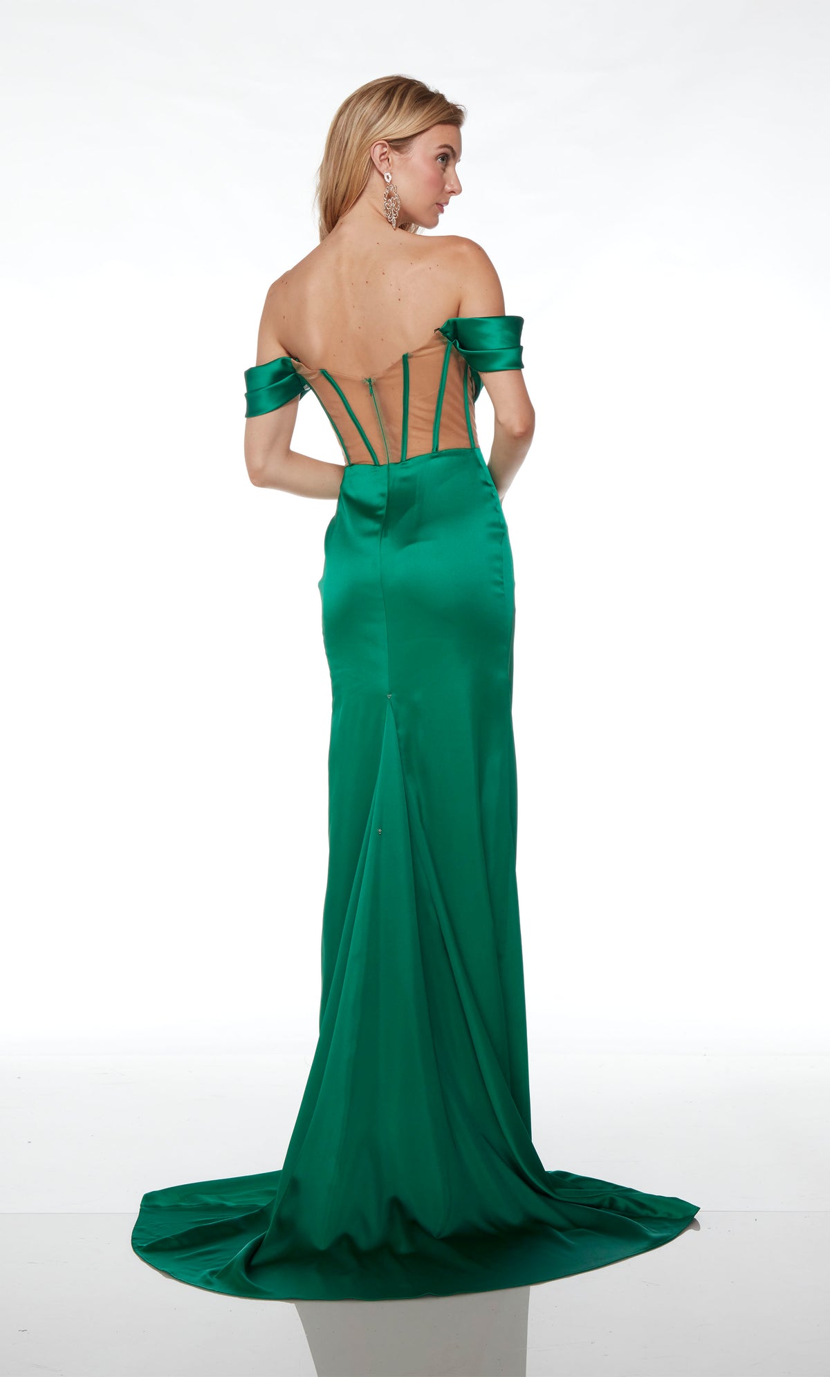 Emerald-tan satin prom dress: Off-the-shoulder cowl neckline, detachable straps, sheer corset bodice, gathered skirt detail, and an elegant long train.