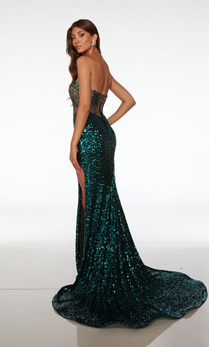 Green sequin prom dress with an strapless sweetheart neckline, corset bodice, high slit, lace-up back, and an long train for an glamorous and stylish look.