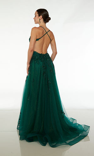 Green glitter tulle corset dress: scooped neckline, side slit, crisscross strappy back, train, and floral lace appliques for an charming look.