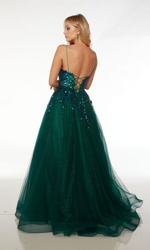 Emerald green glitter tulle ball gown: plunging neckline, sheer bodice, lace-up back, train, sequin embellishment in an floral design—stunning and elegant.