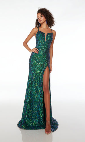 Green sequin prom dress: plunging neckline, corset top, dual straps, high slit, crisscross tie-up back, and elegant train—an glamorous ensemble.