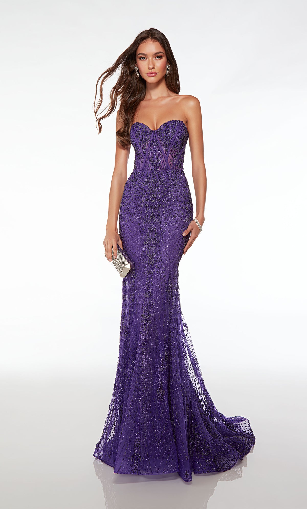 Purple corset mermaid dress: strapless, lace-up back, train, beaded-glitter tulle fabric—stylish and glamorous.