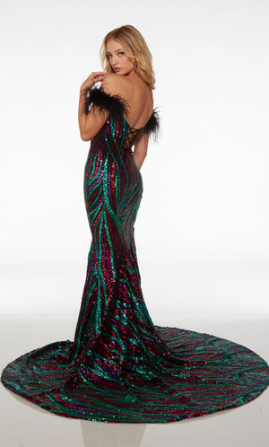 Black-multi colored fit-and-flare prom dress with an off-the-shoulder neckline, feather sleeves, lace-up back, and an long train for an stylish and dramatic look.