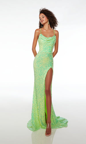 Light green sequin dress: cowl neck, spaghetti straps, high slit, crisscross lace-up back, ruching, and train—an stylish and enchanting ensemble.