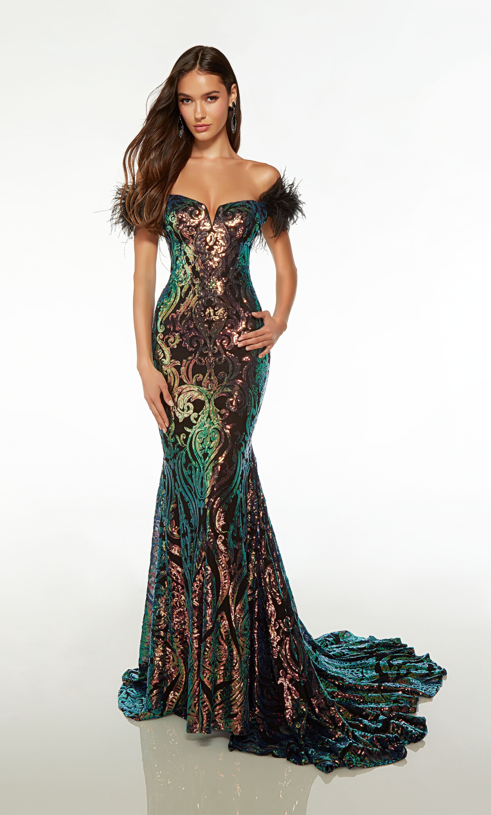 Elegant mermaid gown: off-shoulder, feather sleeves, fitted bodice, lace-up back, long train, paisley-patterned iridescent sequins.